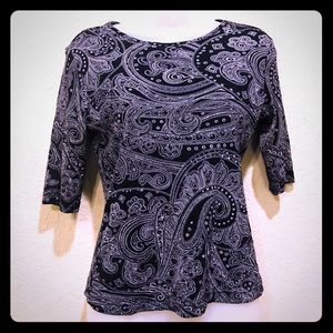 Ny&Co}Boho Black/white paisley 3/4 sleeve crop top